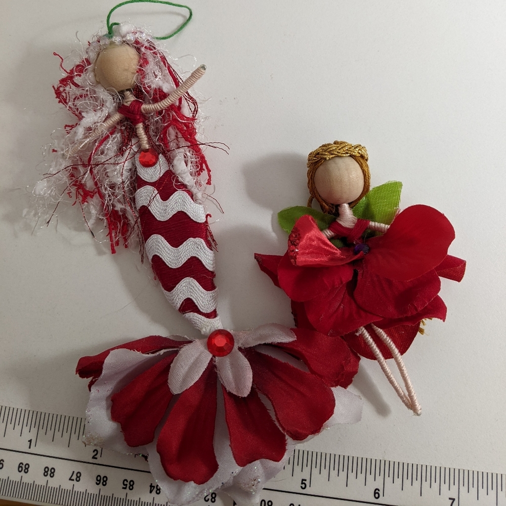 2 Unique Handmade Flower Doll Mermaid and Fairy Artsy Doll, Red and White